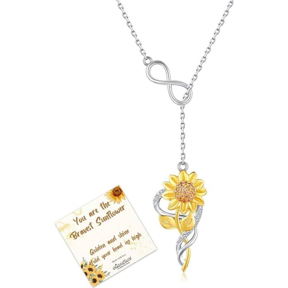 Sterling Silver Sunflower Infinity Lariat Necklace 925 CZ Pendant NWT